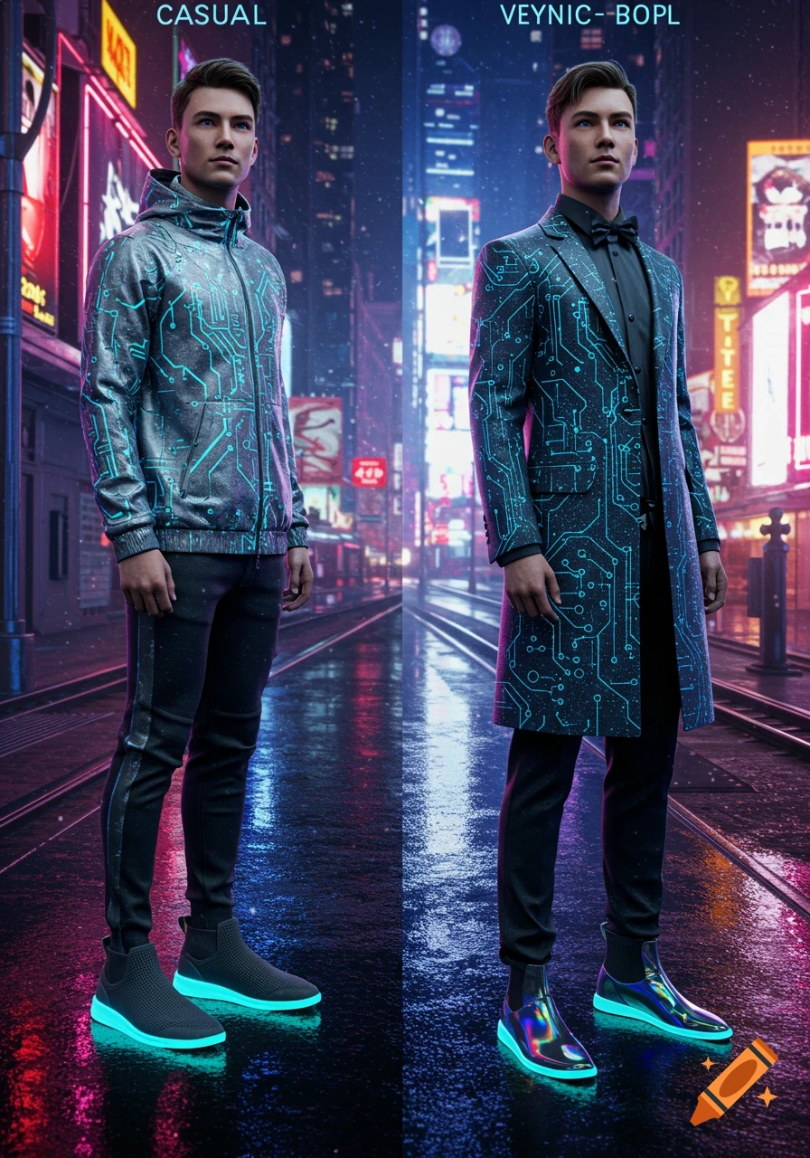 Two men in futuristic, circuit-board patterned outfits, one casual and one formal, stand on a wet street in a neon-lit cyberpunk city.