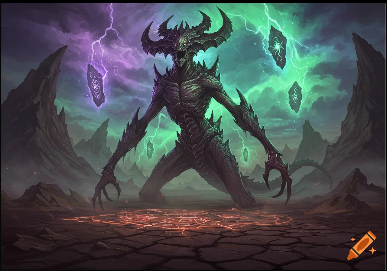 A monstrous, horned creature with a spiky body stands in a desolate, rocky landscape under a sky filled with green and purple lightning and floating runic stones. An arcane circle glows on the cracked ground.