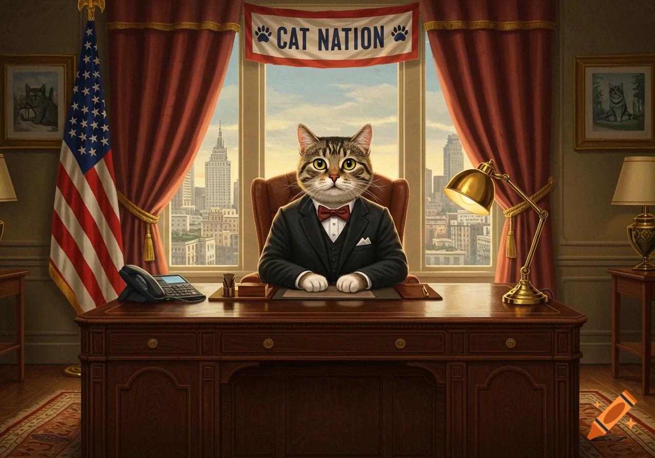 An anthropomorphic cat in a suit sits at a large desk in an opulent office with an American flag and city skyline. A banner above reads 'CAT NATION'.