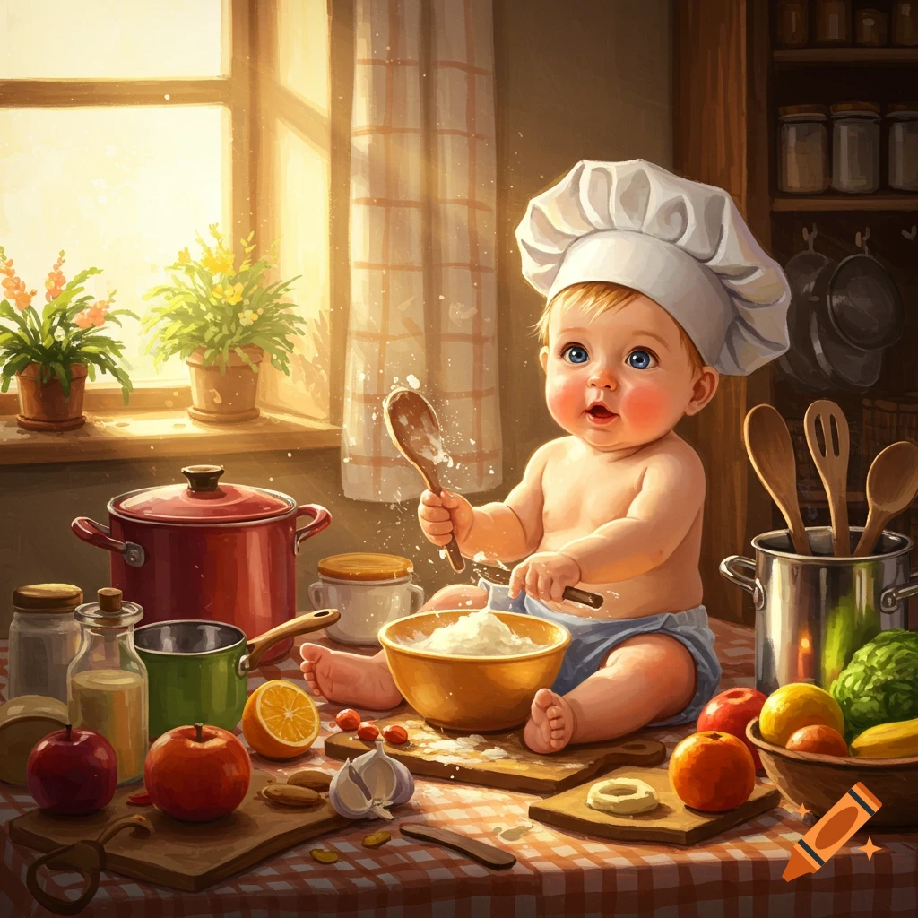 A cute baby chef in a toque sits on a kitchen table, surrounded by cooking ingredients and holding a wooden spoon.