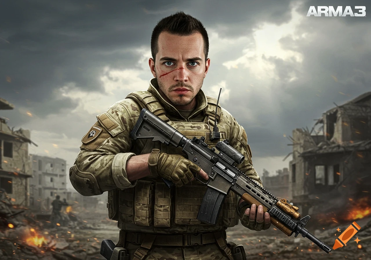 A man in military camouflage and tactical gear holds an assault rifle in a war-torn city, a scar on his face. ARMA3 logo in the corner.
