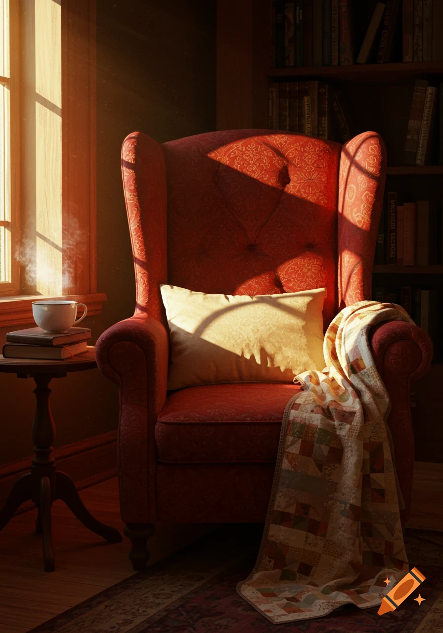 Cozy red armchair with a quilt and pillow bathed in sunlight by a window, next to books and a steaming cup.