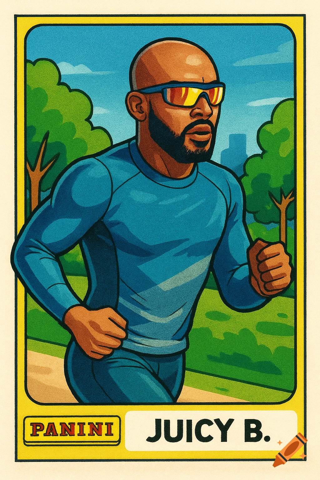 A cartoon-style Panini trading card of a bald man with a beard and jogging glasses running in a park. Text reads 'JUICY B.'