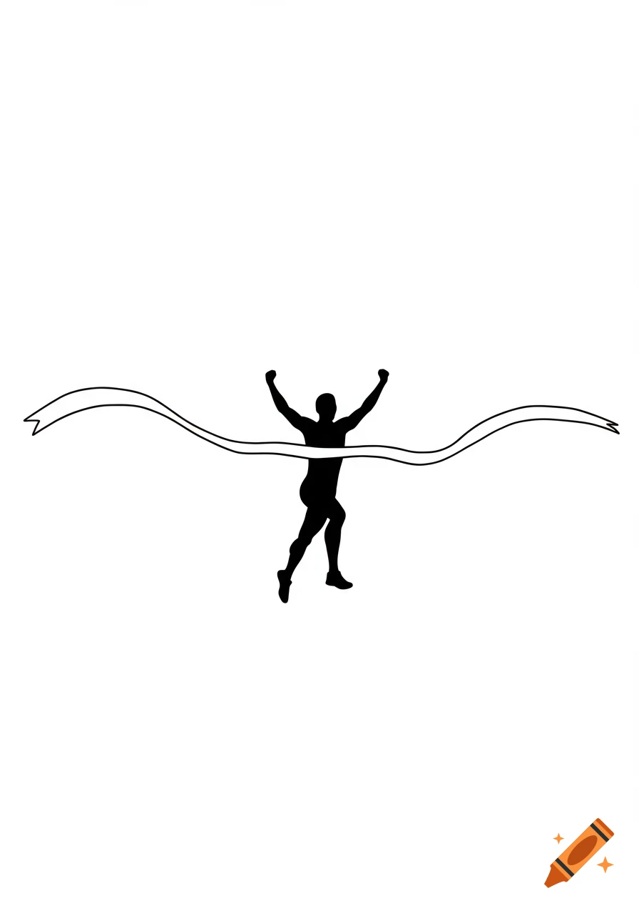 Black silhouette of a runner crossing a finish line with arms raised in a simple drawing style.