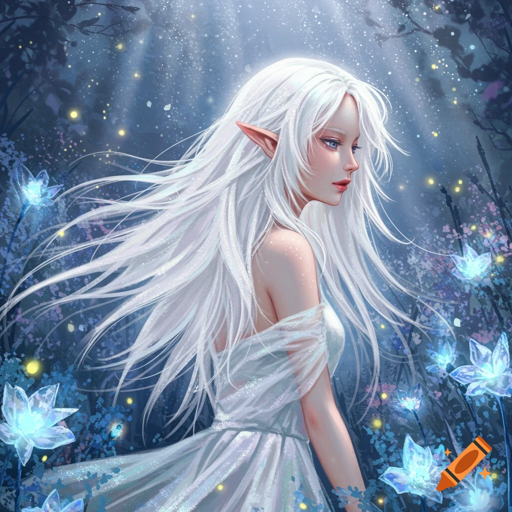 A white-haired elf woman in a flowing white dress stands in a magical forest with glowing blue flowers, looking over her shoulder.