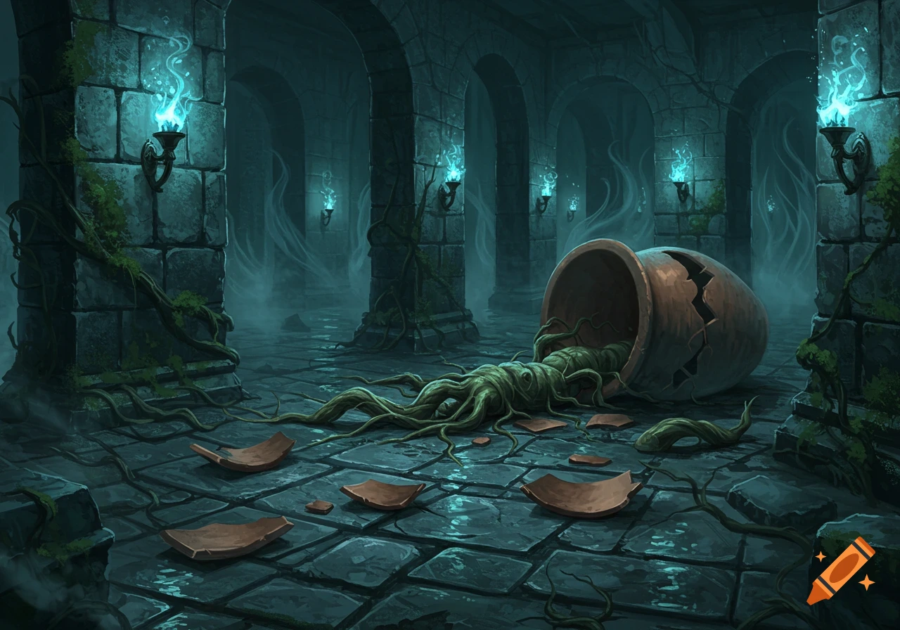A dark, spooky fantasy dungeon with glowing blue torches, a broken jar, and eerie mandrake roots spilling onto the stone floor in fantasy art style.
