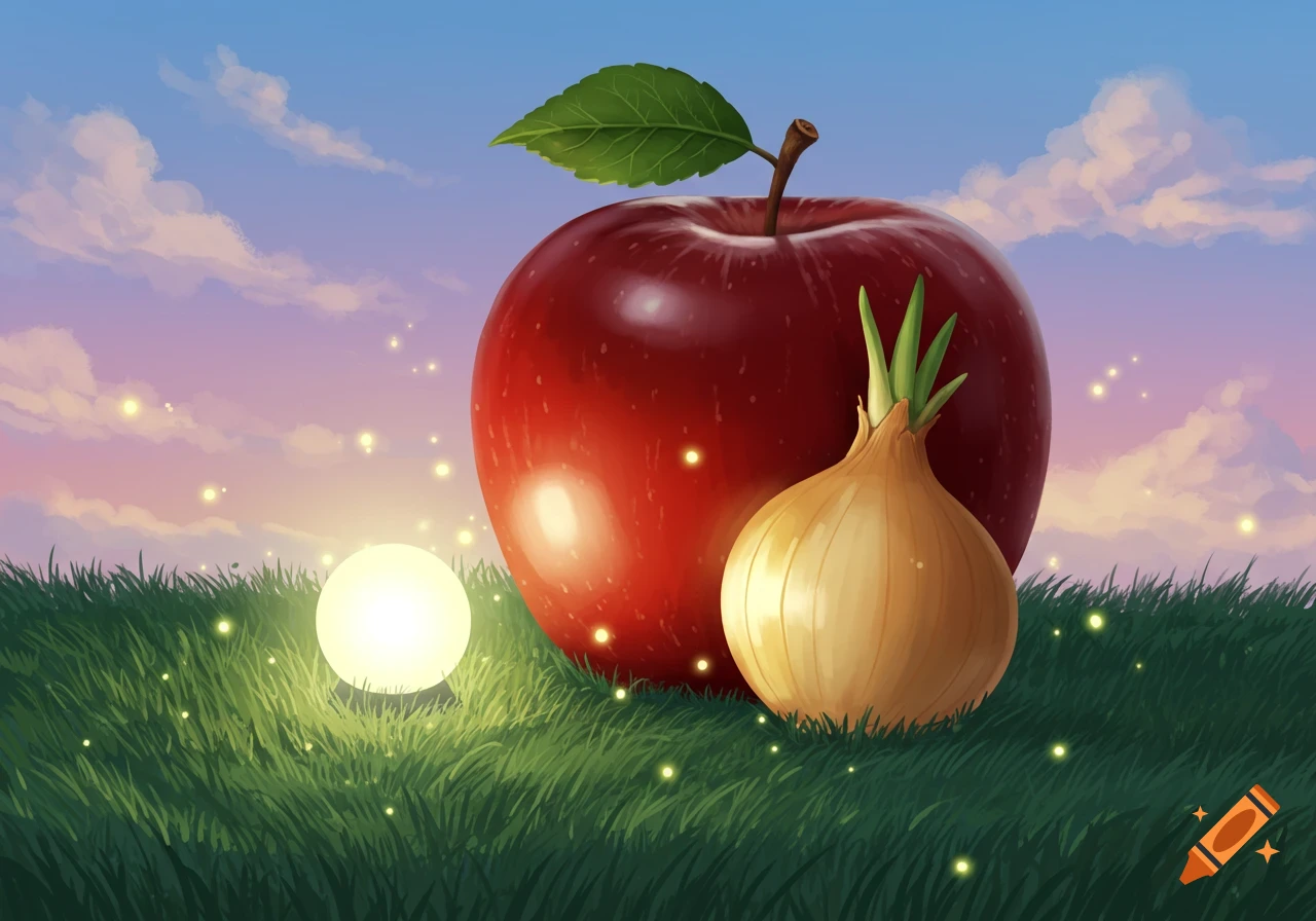 A large red apple and an onion sit in green grass with a glowing orb and sparkles under a colorful sunset sky, digital illustration.