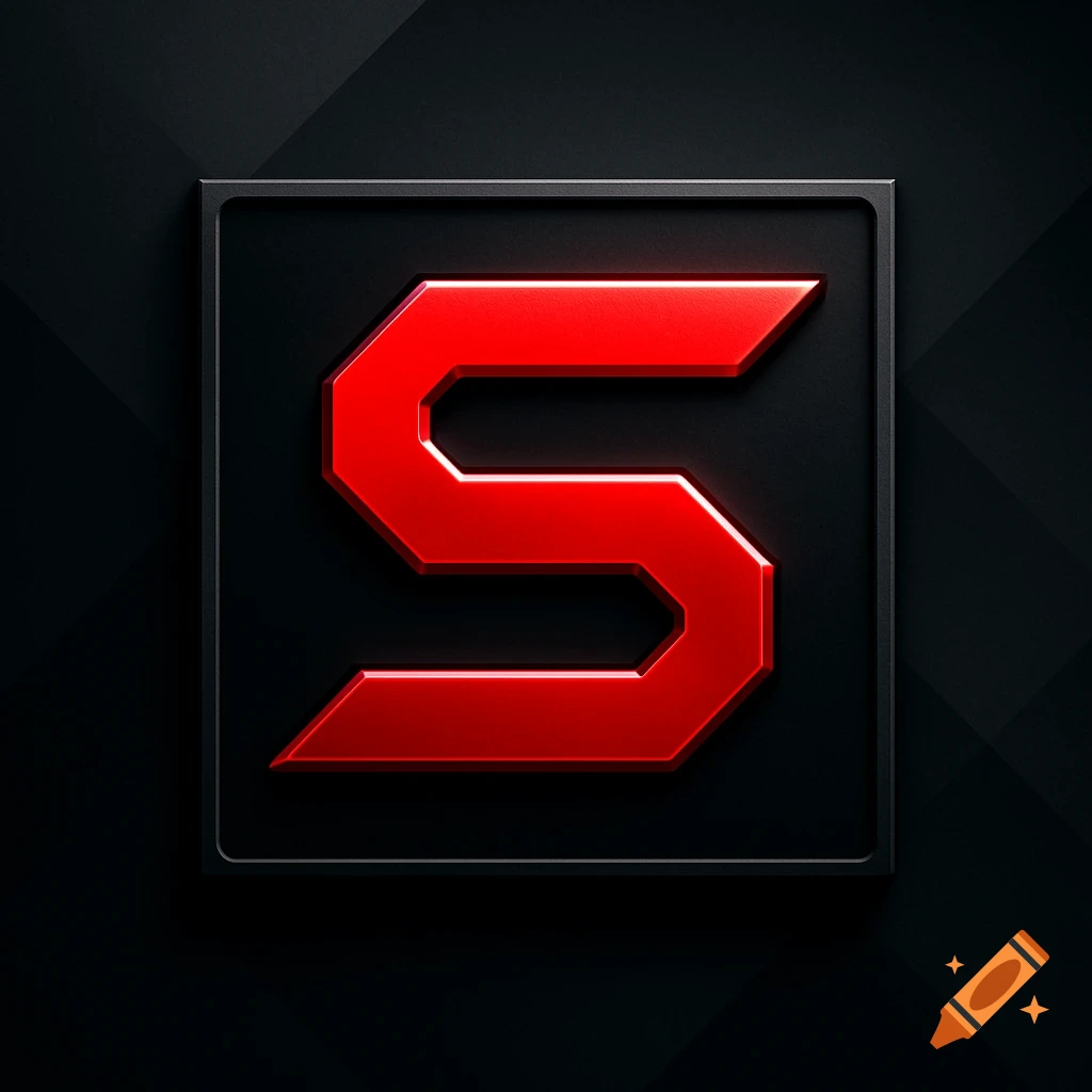 A bold, metallic red letter S centered in a black square frame with a dark textured background.