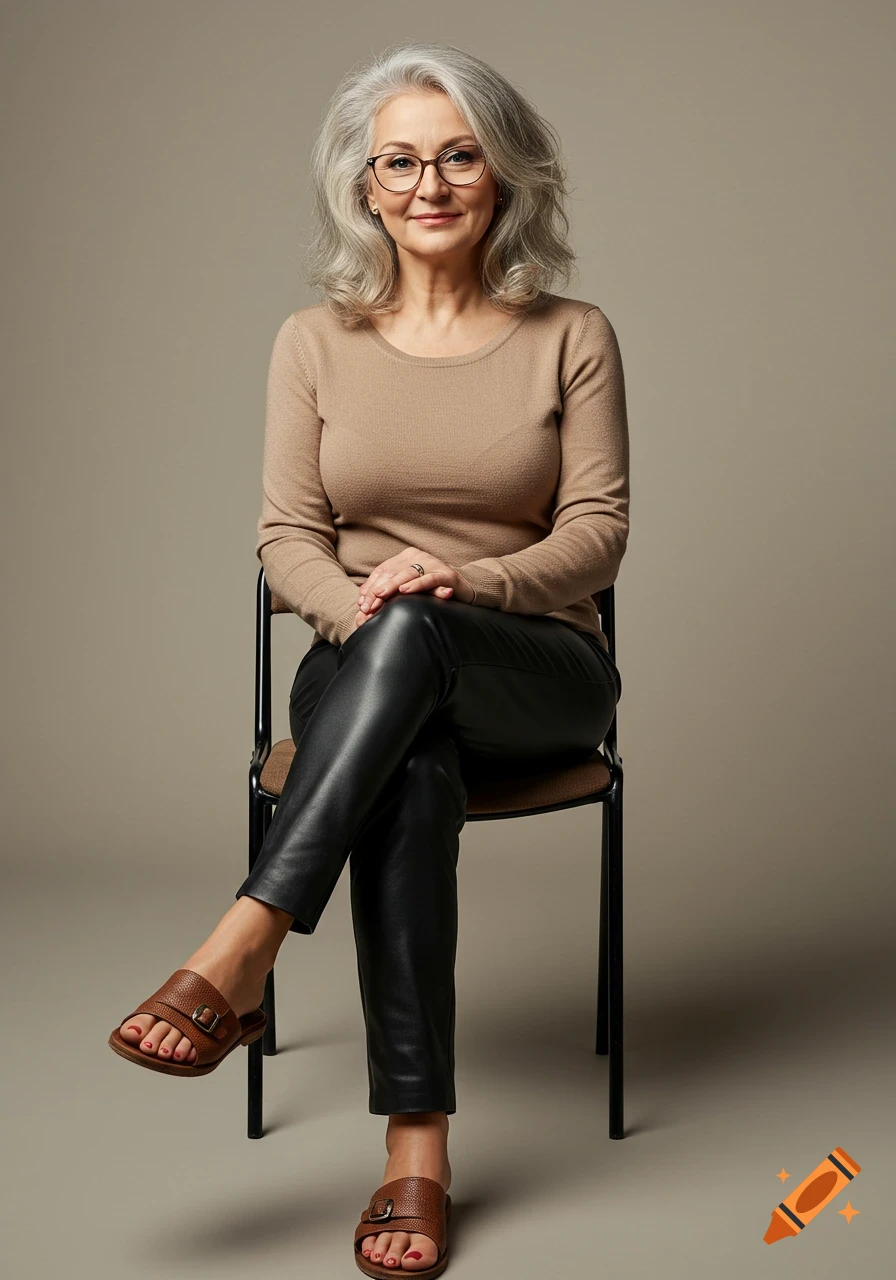 A smiling woman with grey hair and glasses sits on a chair, wearing a light brown sweater, black leather pants, and brown sandals with red nail polish.