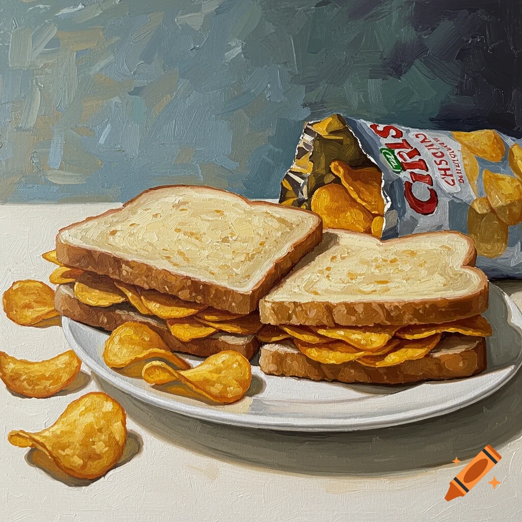 An oil painting of a crisp sandwich on a white plate, with an open bag of crisps spilling out next to it. The background is a textured grey wall.