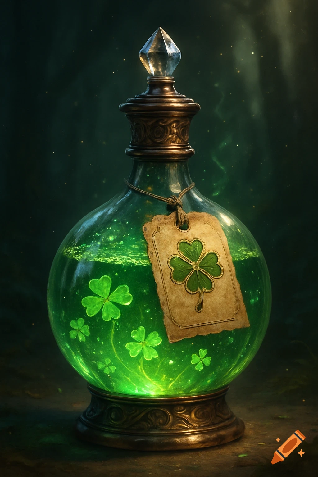 A glowing, ornate green potion bottle holds liquid with floating shamrocks. A label with a shamrock is tied to it, in a fantasy art style.