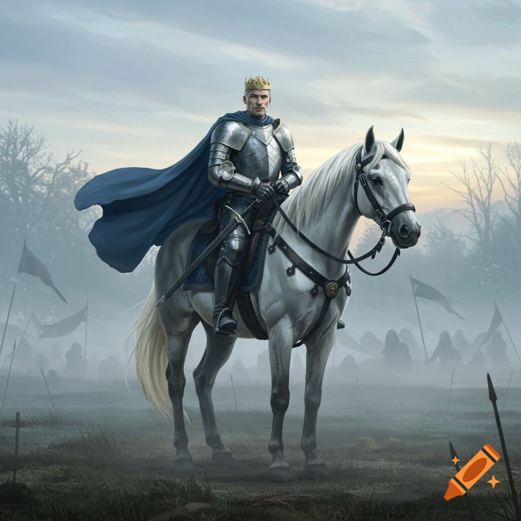 A noble king in shining armor and a blue cape sits atop a white horse on a misty, atmospheric battlefield at dawn. Photorealistic illustration.