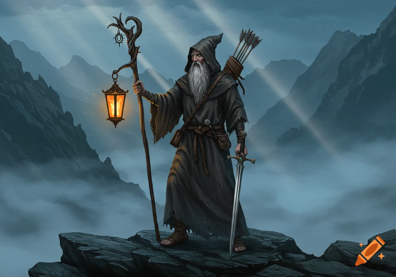 A hooded wizard with a long beard holds a glowing lantern and a sword on a misty mountain peak, digital painting.