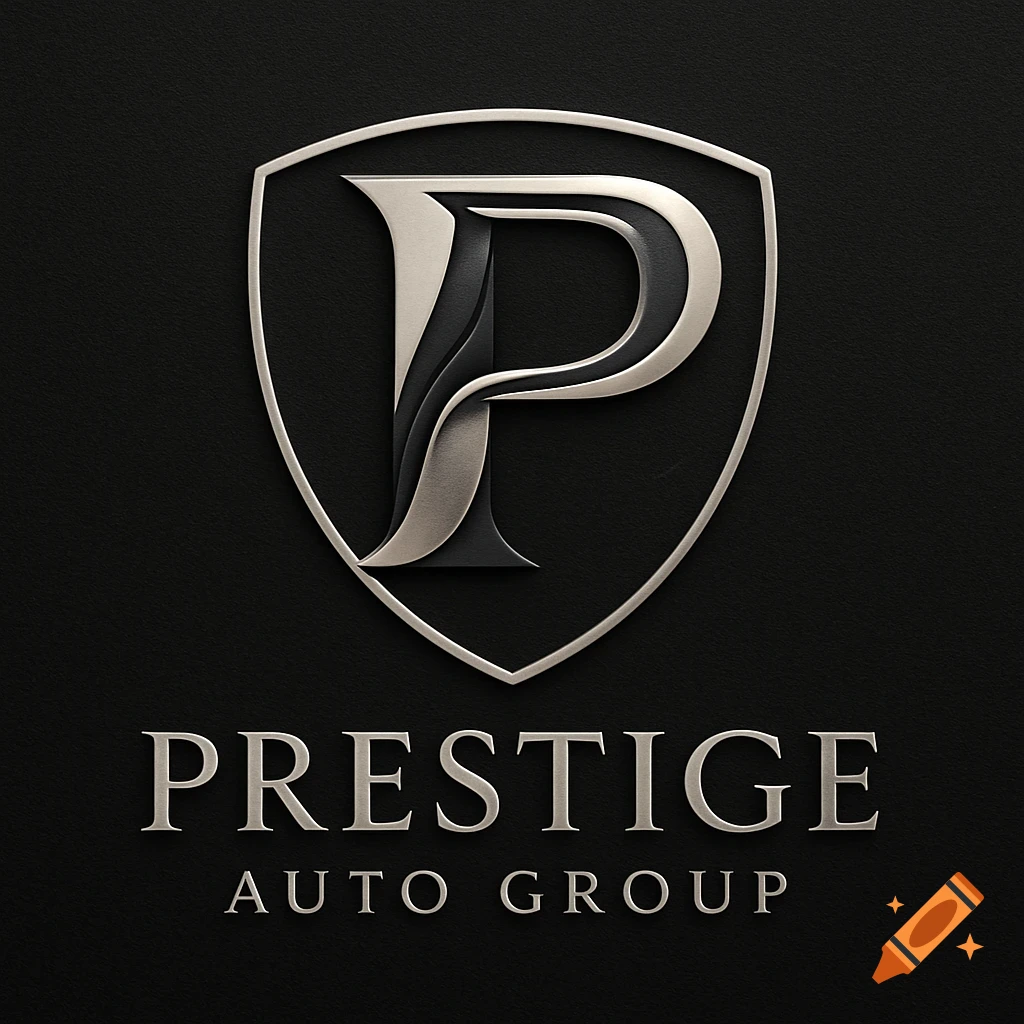 Silver and black luxury logo for Prestige Auto Group featuring a stylized 'P' inside a shield.