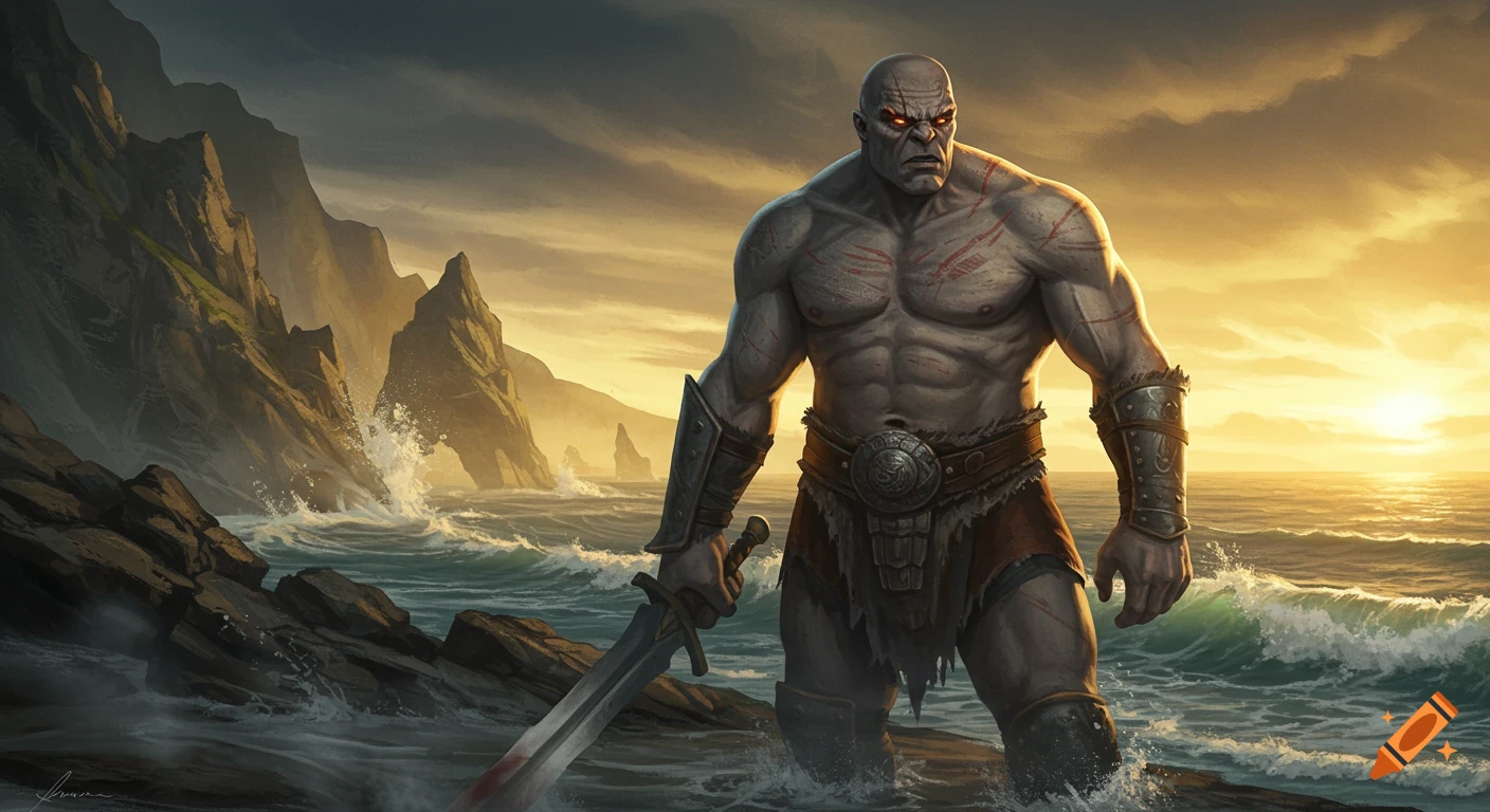 A muscular, scarred brute with glowing orange eyes stands in choppy ocean water, holding a sword, against a dramatic sunset coastal landscape.
