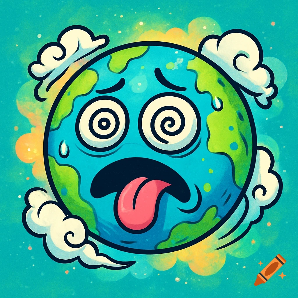 Cartoon Earth looking sick with dizzy eyes, tongue out, and sweat drops, surrounded by clouds on a teal background.