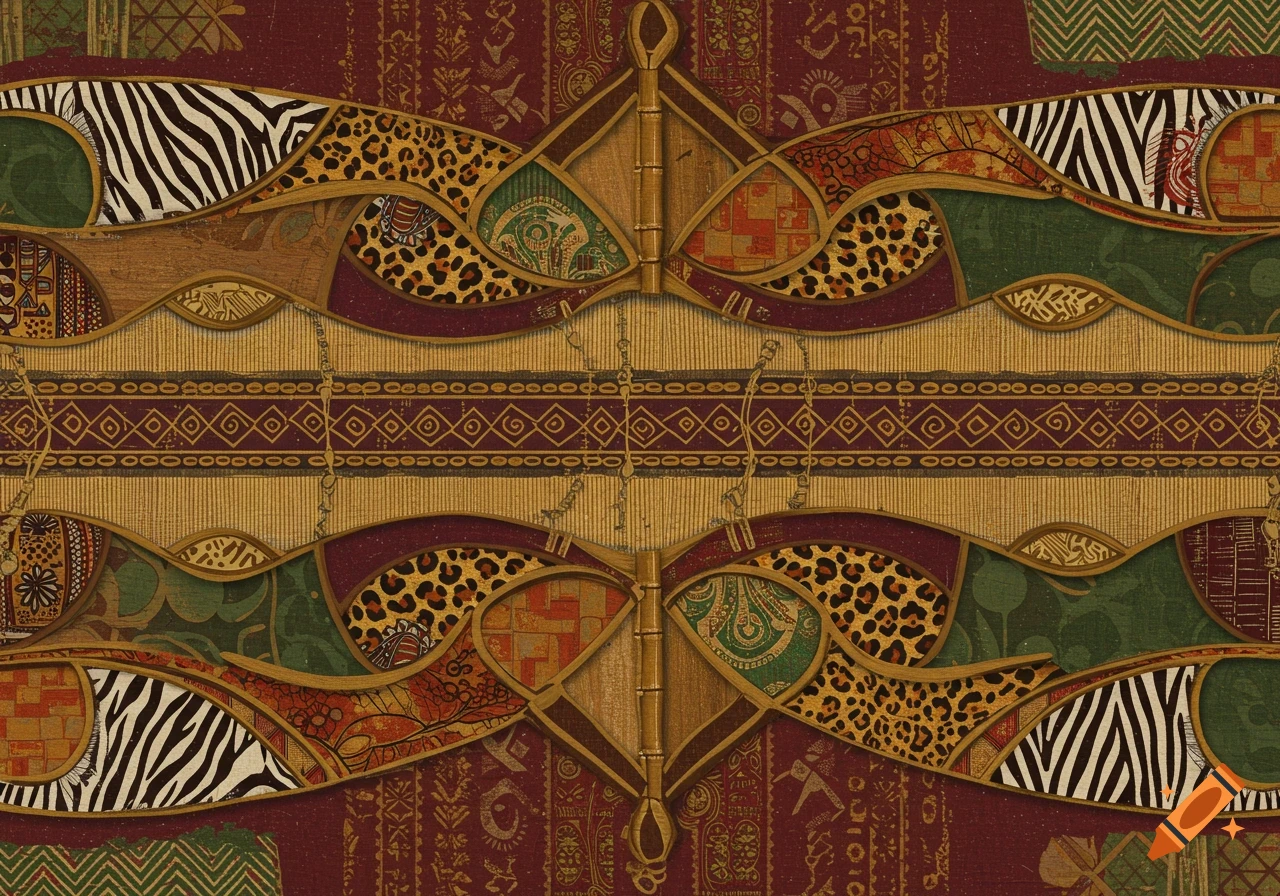 Symmetrical Afro-Bohemian inspired wall art pattern with earthy colors, zebra and leopard prints, and tribal motifs.