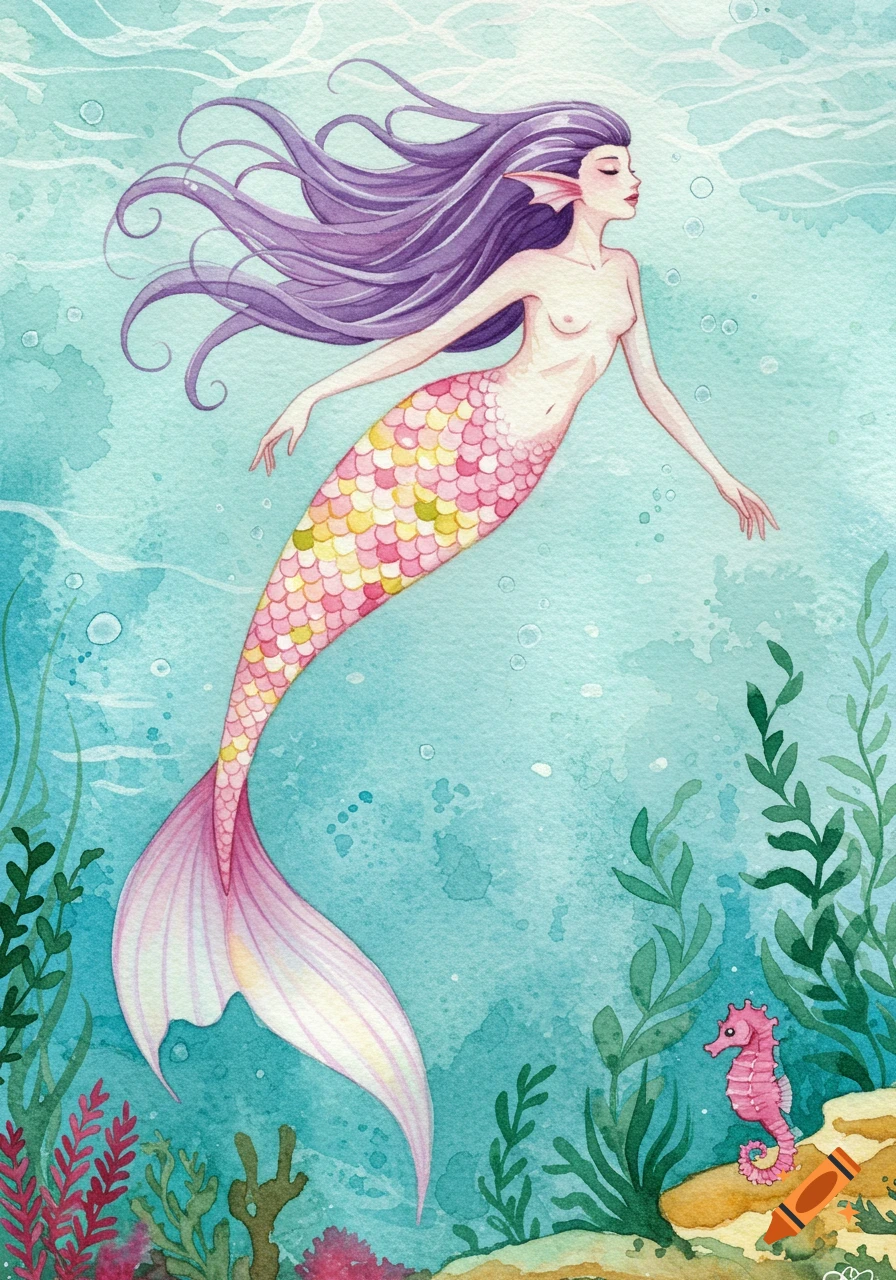 Watercolor painting of a mermaid with purple hair and a pink-yellow scaled tail swimming underwater amidst green plants and a pink seahorse.