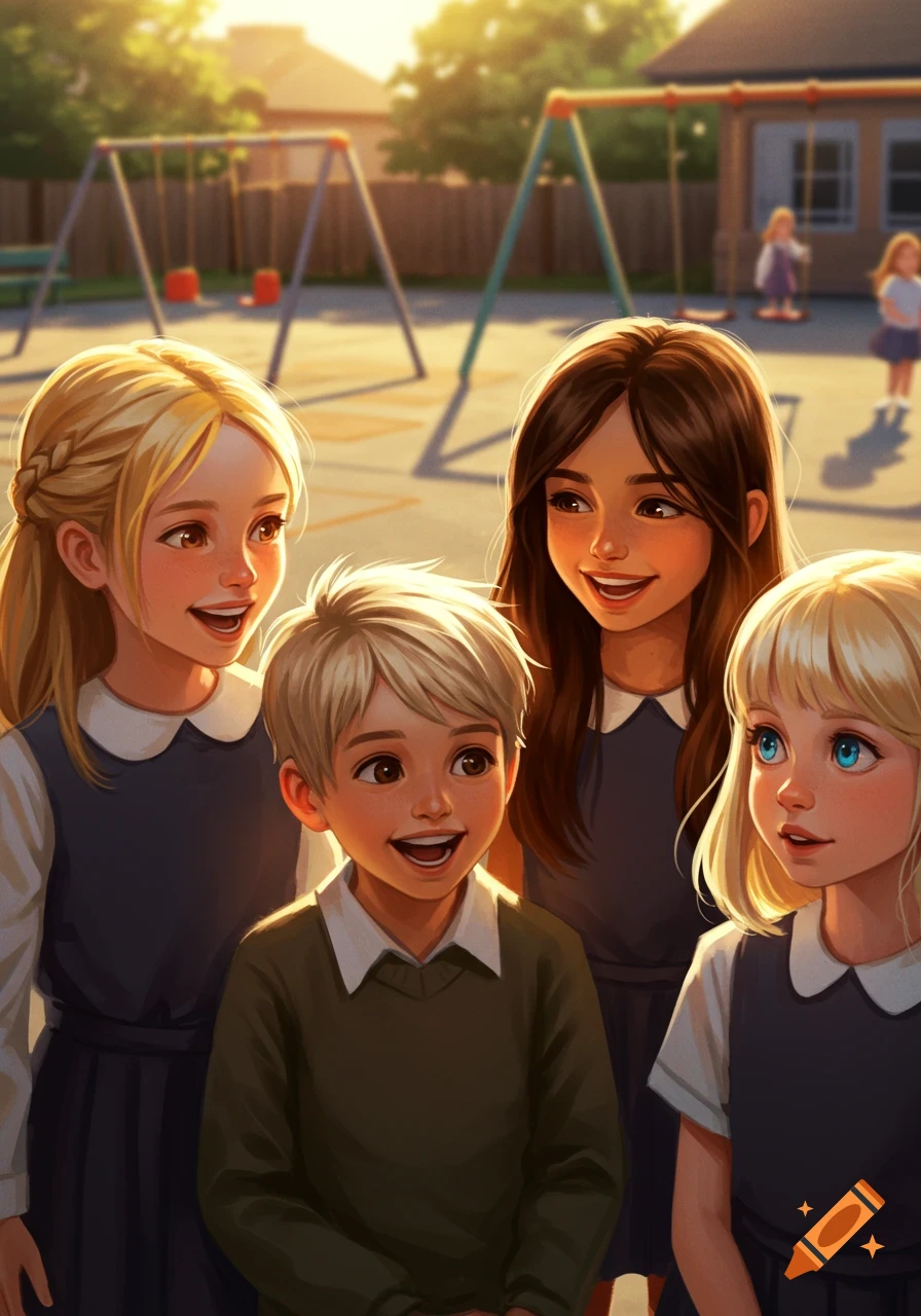 Four smiling children in school uniforms in a sunny playground, illustration.