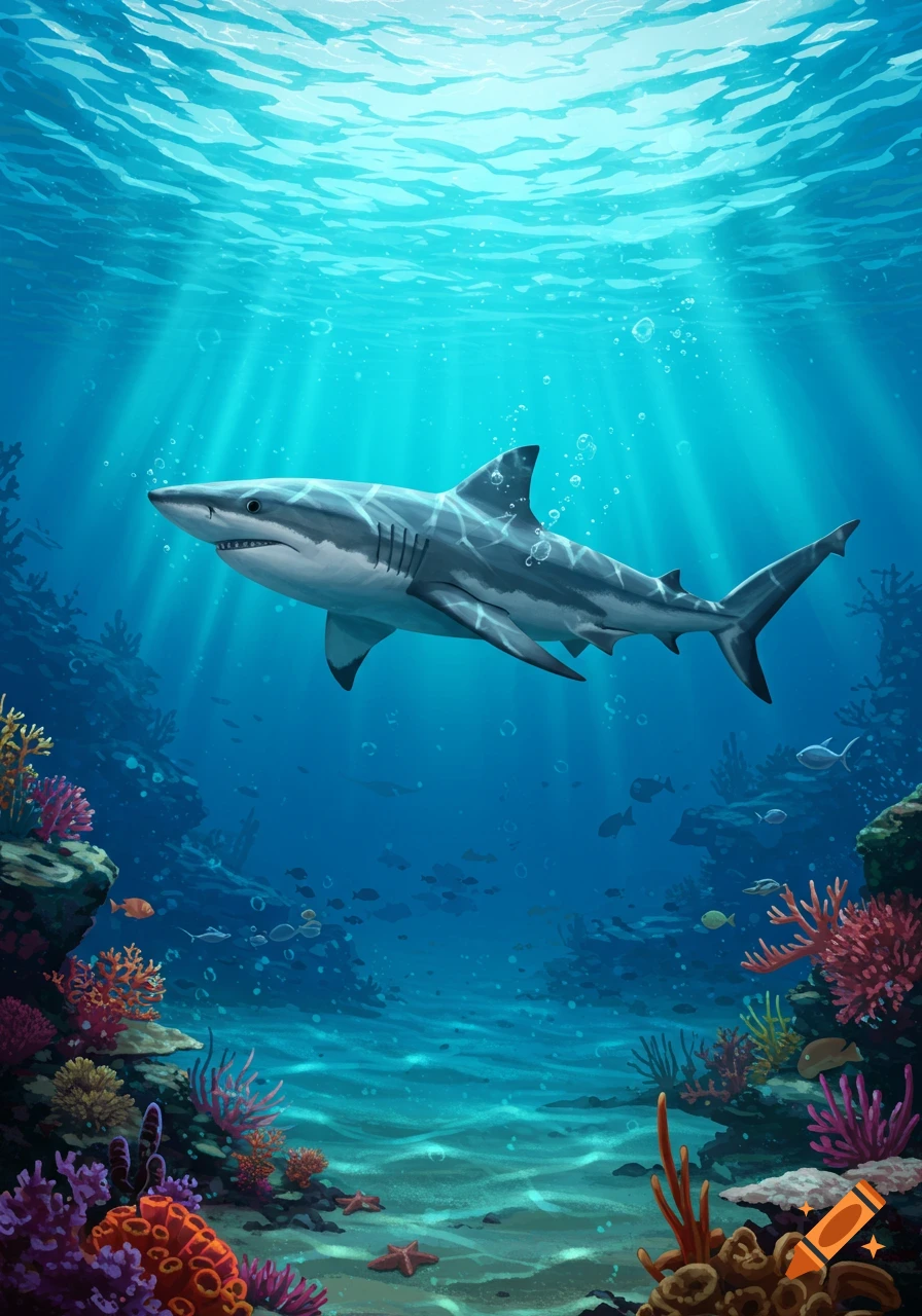 An illustrative grey shark swims underwater above colorful coral reefs with light rays from the surface.