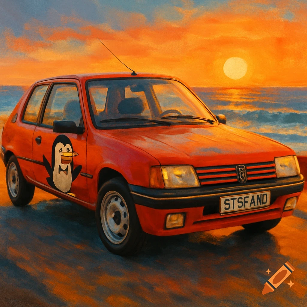 A red Peugeot 205 with a happy penguin decal on its side, parked on a beach at sunset, in a painterly style.