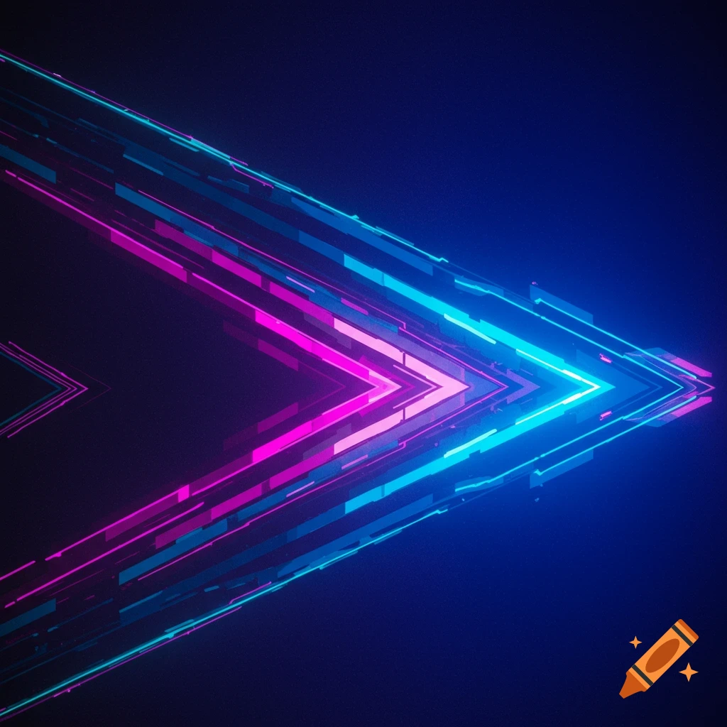 Abstract image with glowing pink and blue neon lines forming a right-pointing arrow on a dark blue background.
