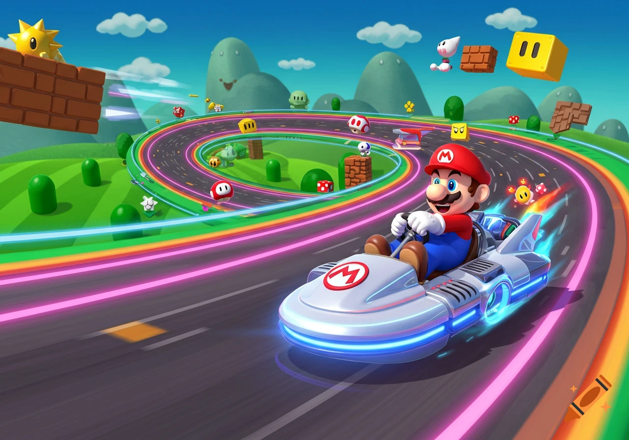 Mario races his futuristic kart on a vibrant rainbow road with classic Super Mario elements in a bright, cartoonish style.