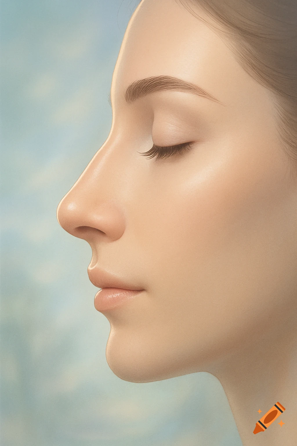 Close-up profile of a woman's face with closed eyes, smooth skin, against a soft blue background.