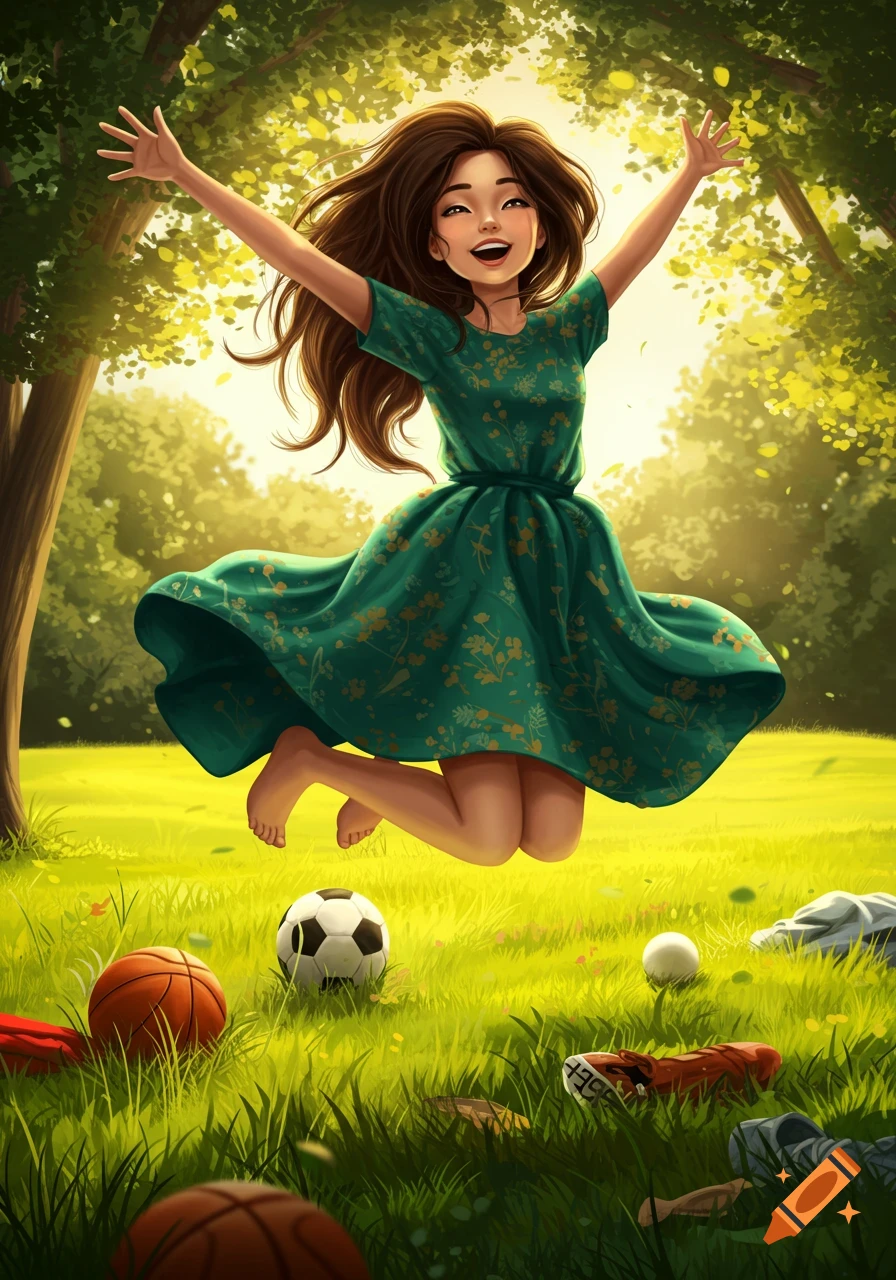 A happy, dark-haired girl in a green dress jumps barefoot in a sunny park with sports balls on the grass, in an illustrative style.