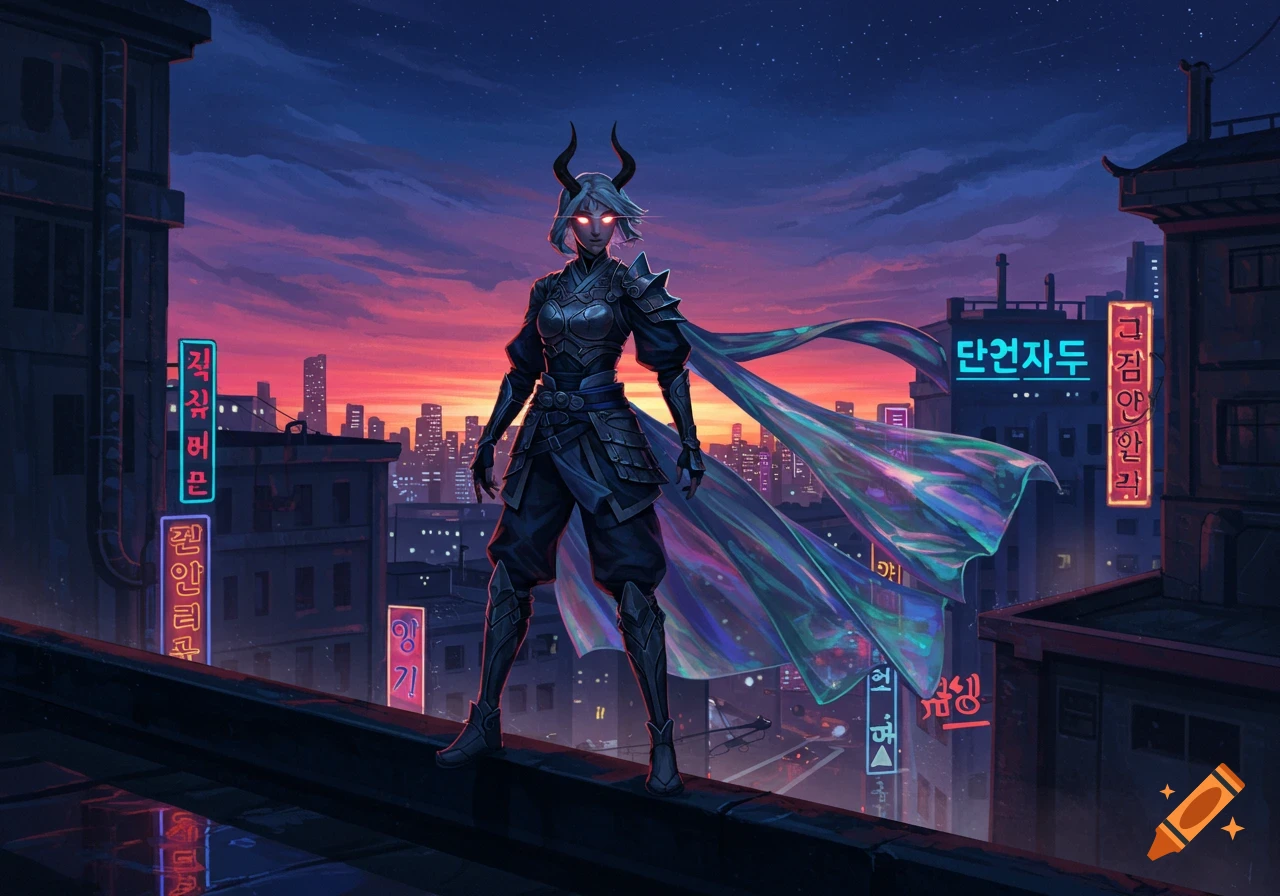 A horned female demon hunter in dark armor and an iridescent cloak stands on a cyberpunk city rooftop at sunset.