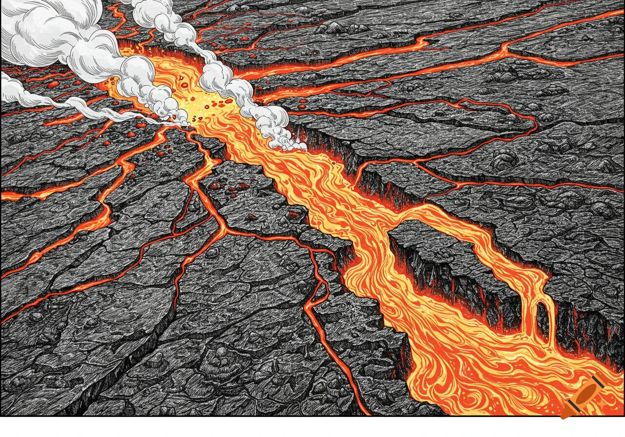 A detailed line drawing depicts a river of molten orange lava flowing through dark, cracked volcanic rock with plumes of white smoke.