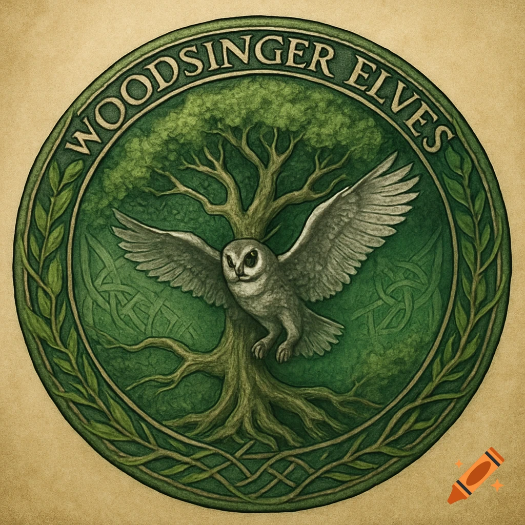 A circular green emblem featuring a stylized tree, a flying owl, Celtic knotwork, and the text 'WOODSINGER ELVES'.