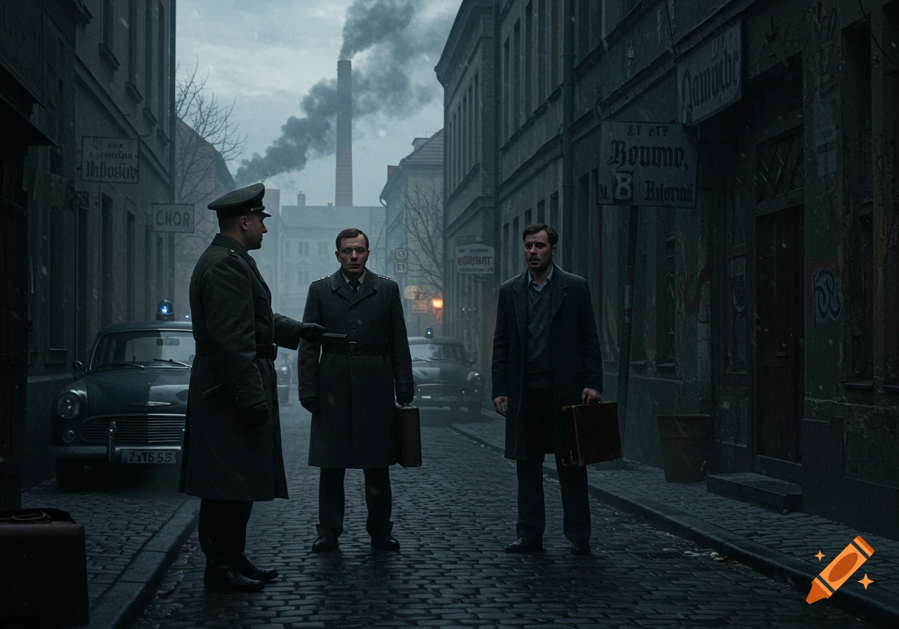 Three men on a dark, wet cobblestone street in an old city. One man in uniform confronts another man holding a briefcase, while a third man watches. A smokestack looms in the background.