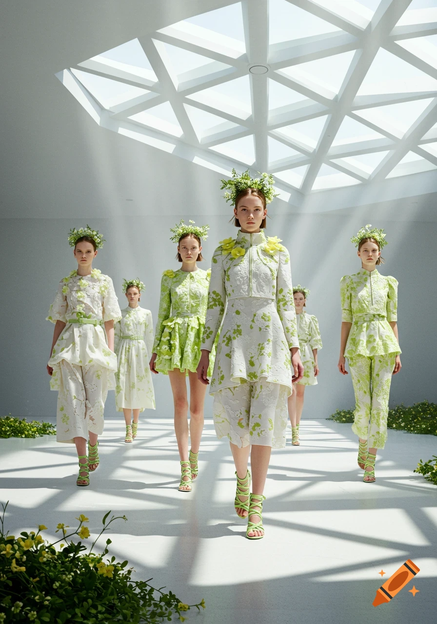 Several female models in white and lime green floral high fashion outfits with floral headpieces walk a runway under a geometric skylight.