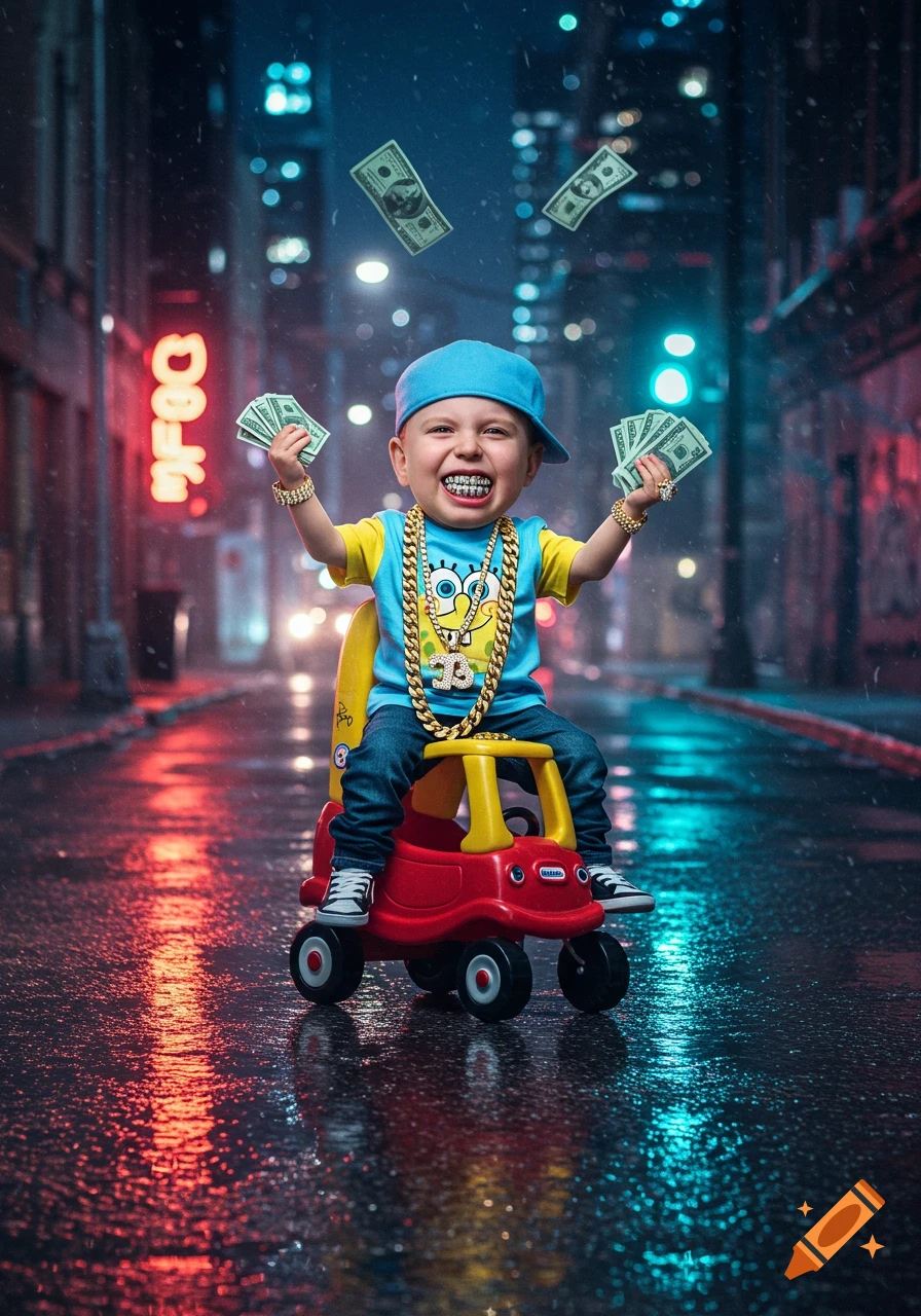 A grinning child in a blue SpongeBob shirt, gold chains, and grillz sits in a toy car on a wet neon-lit city street, holding and tossing money.