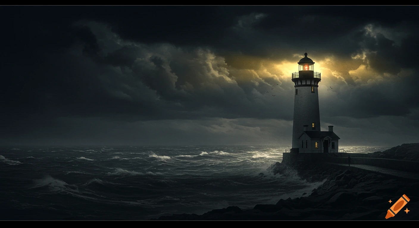 A lone lighthouse stands by a dark, stormy sea under heavy clouds with a golden light beam, in an editorial illustration style.
