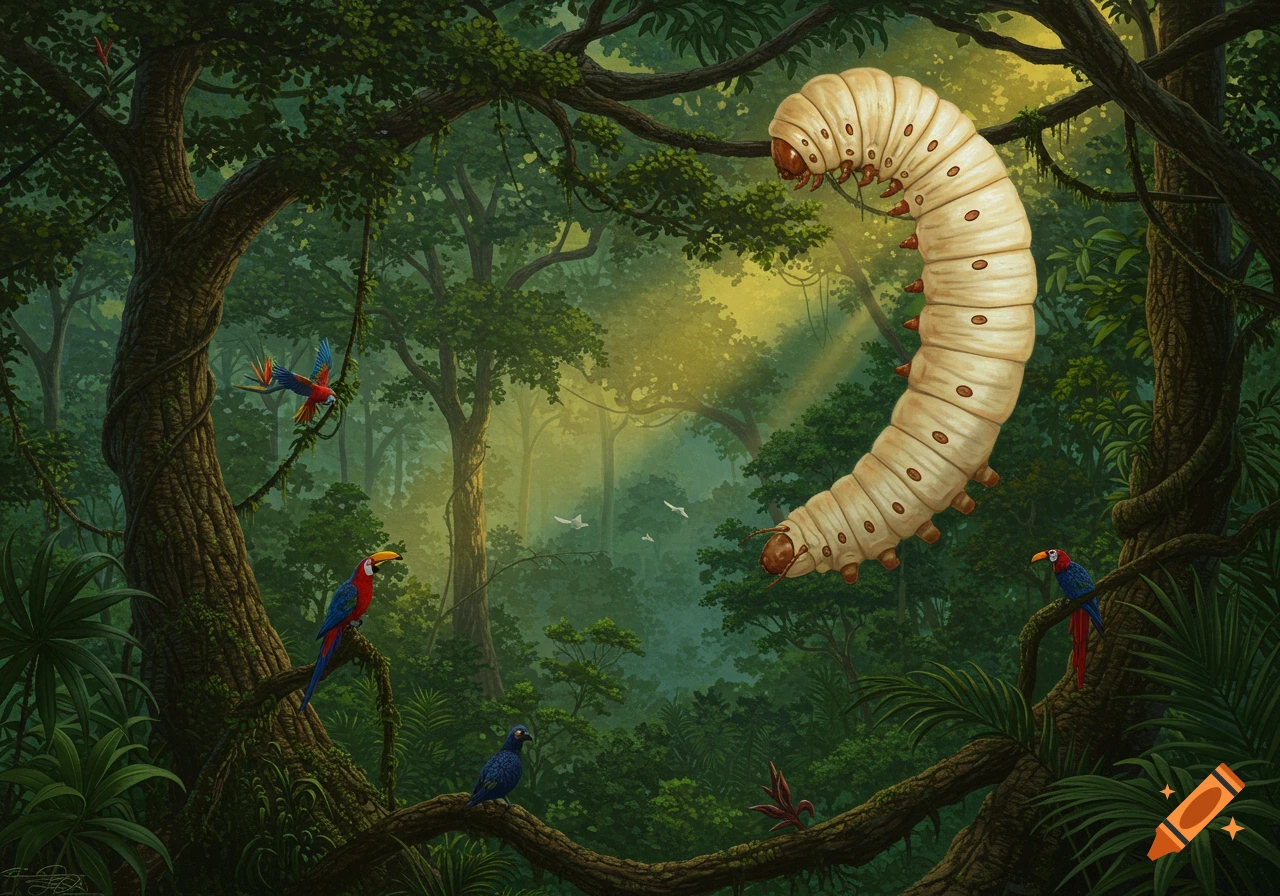 A giant pale caterpillar floats in a lush, sunlit Amazonian jungle, surrounded by colorful birds perched on tree branches.