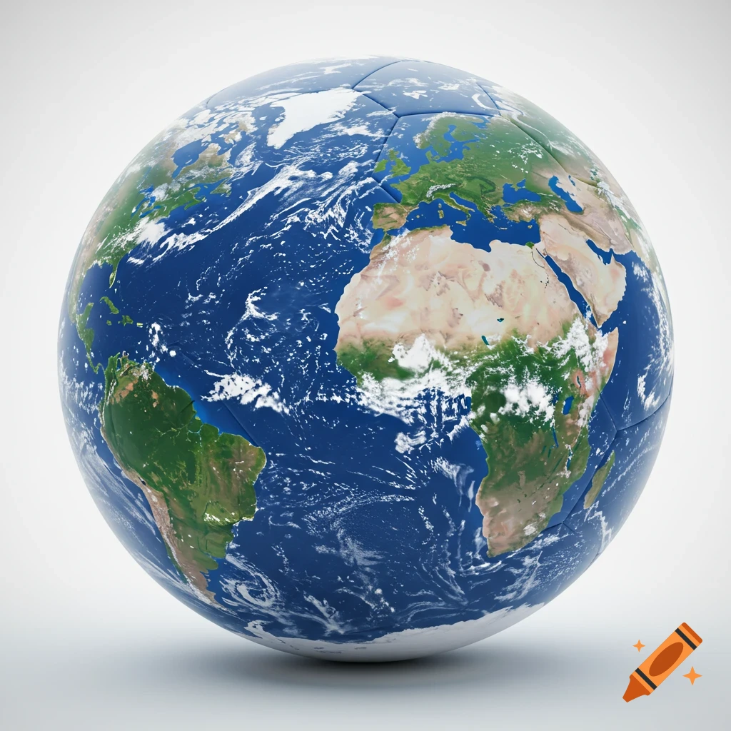 A 3D rendered soccer ball designed as the Earth with green continents and blue oceans.