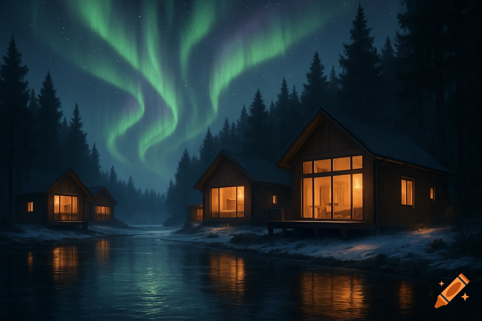 Photorealistic image of wooden cabins with warm lights along a river, nestled in a snowy forest under a bright green aurora borealis.