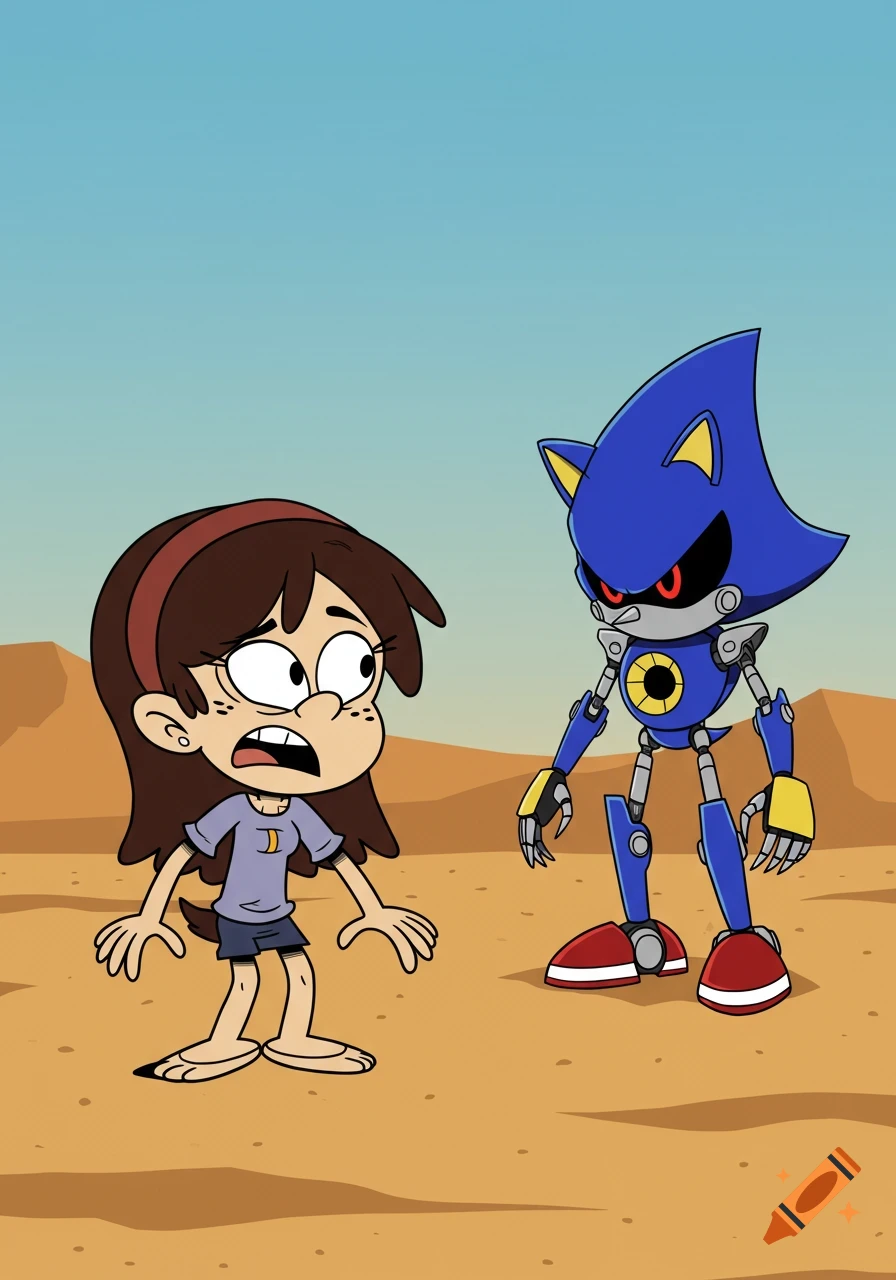 Cartoon image of Sid Chang looking shocked as Metal Sonic appears in a desert.