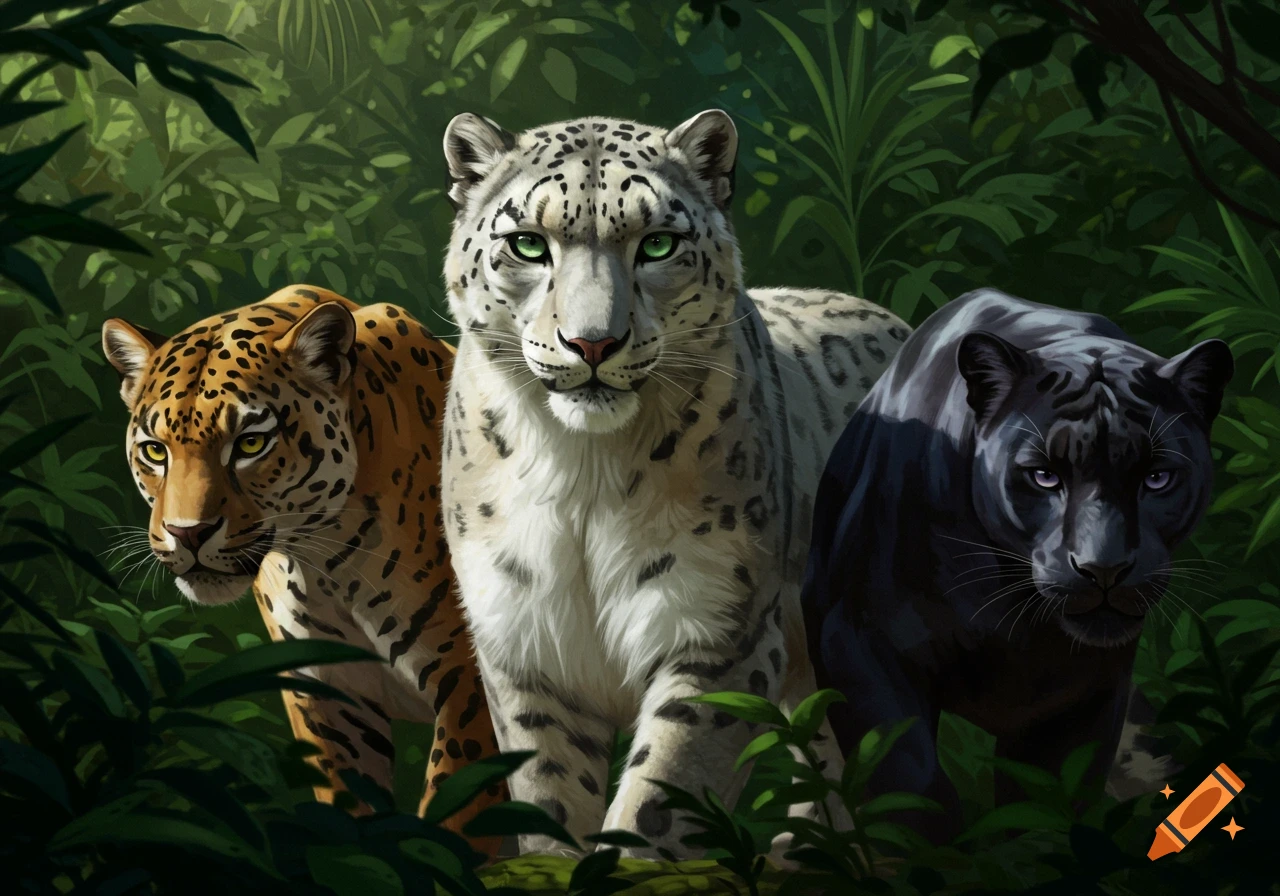 A digital painting shows a snow leopard, spotted leopard, and black panther in a lush jungle.