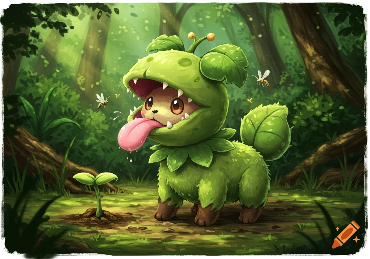 A cute, green, mossy creature with a Venus flytrap head and long pink tongue stands in a lush, sun-dappled forest, Pokémon art style.