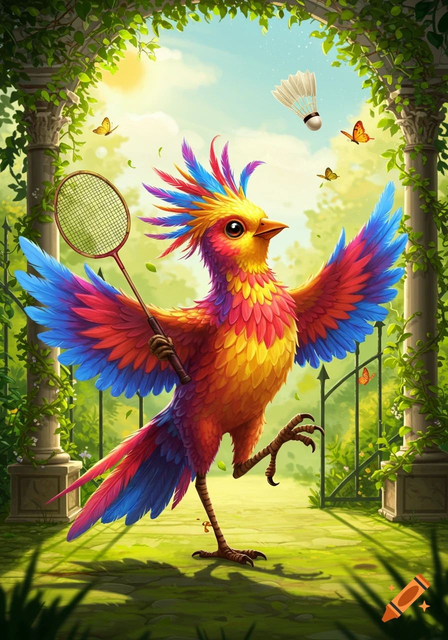 A vibrant, cartoon-style bird holding a badminton racket, with a shuttlecock floating near, under a vine-covered archway.