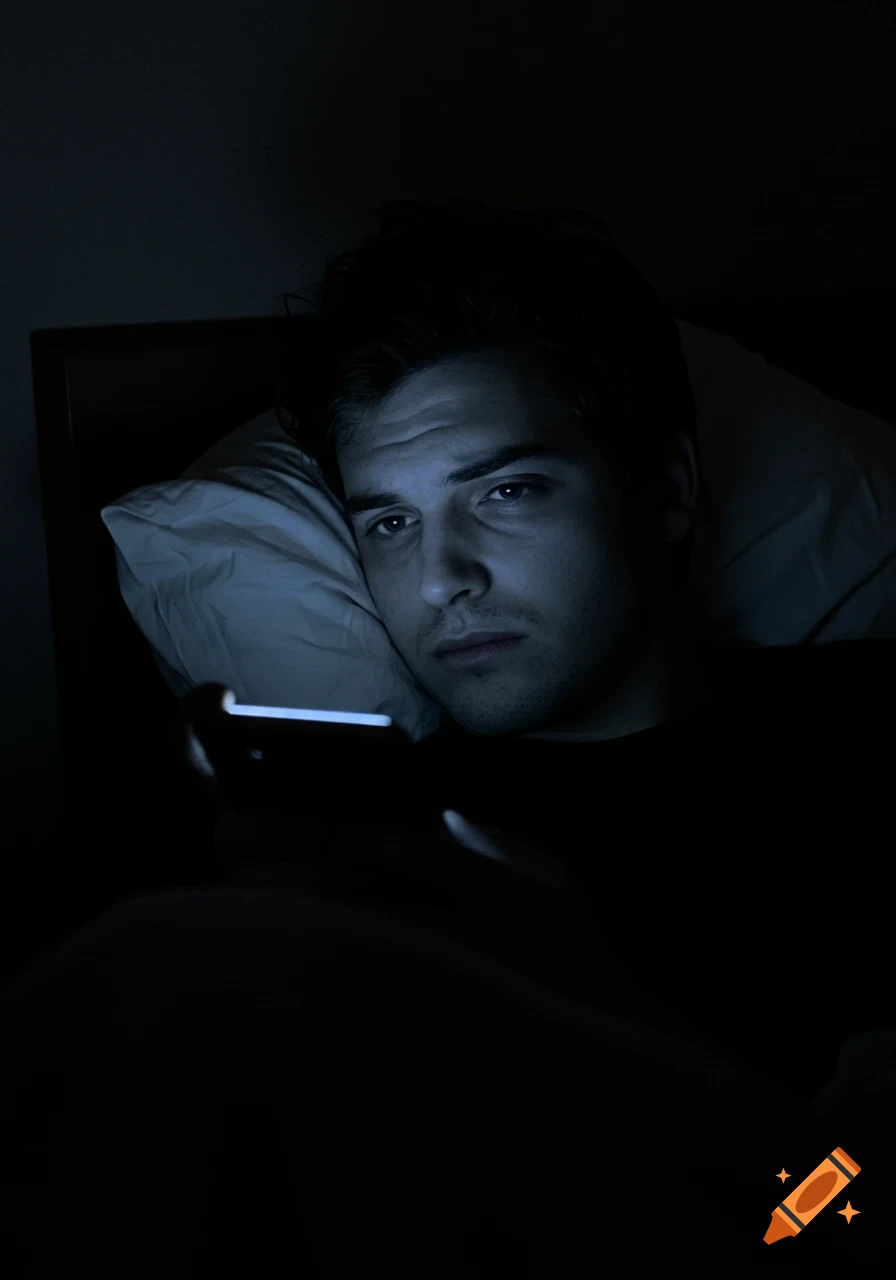 Young man lies in bed at night, his face illuminated by the blue glow of his smartphone screen, looking tired.
