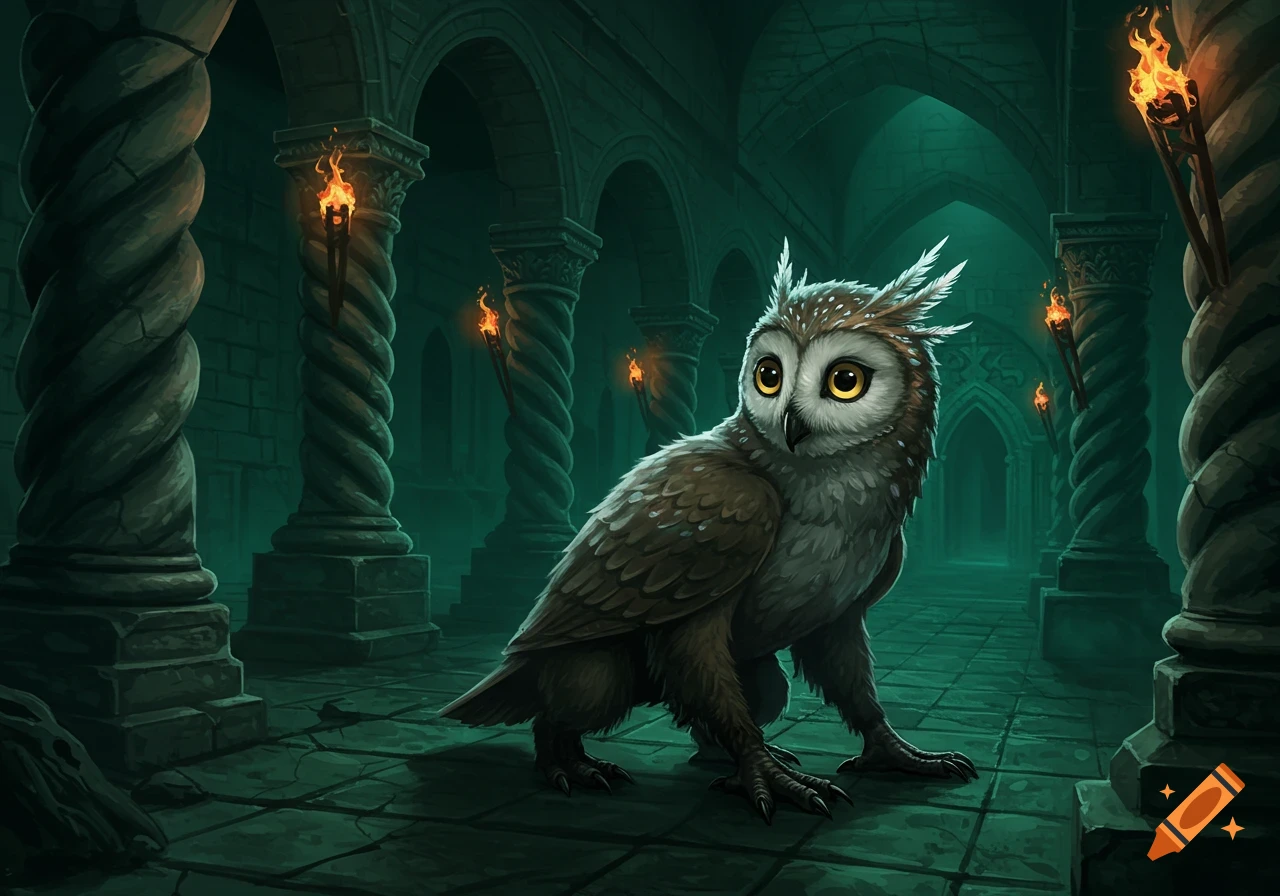 A curious owl-badger creature skulks in a dark, torch-lit fantasy labyrinth.