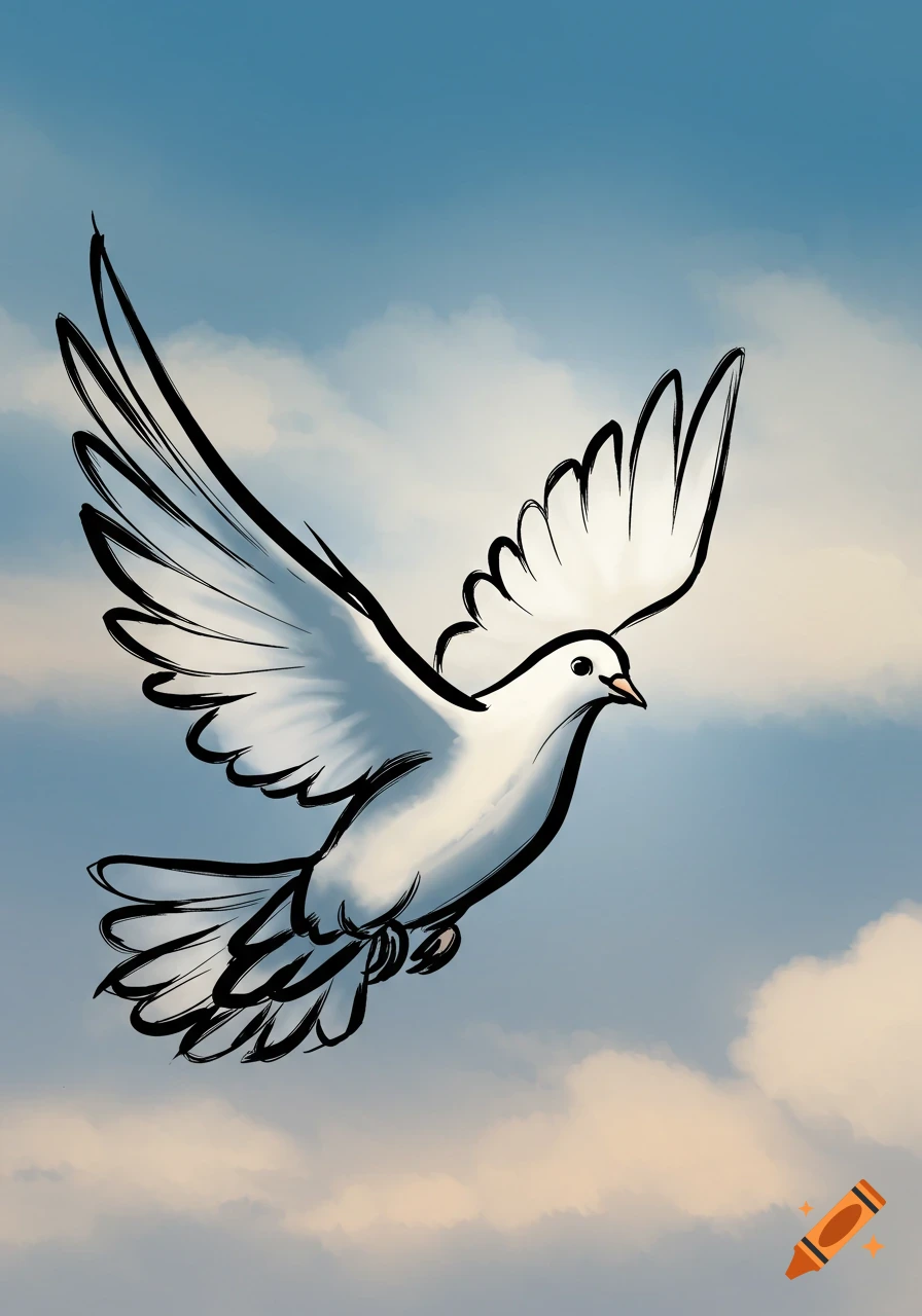 A quickly etched white dove with bold black outlines flies against a blue sky with light clouds.