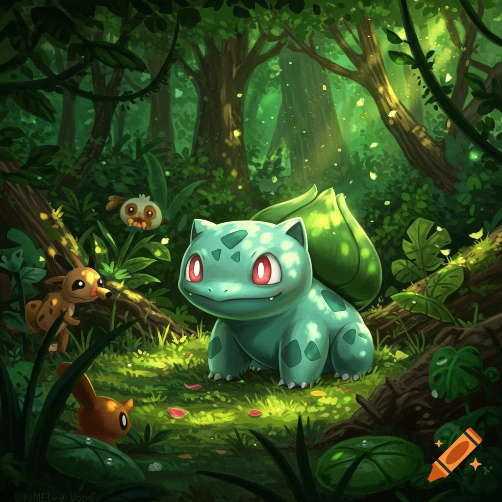 Bulbasaur sits in a vibrant, sun-dappled jungle clearing with Sunkern, Deerling, and Shinx. Illustrated.