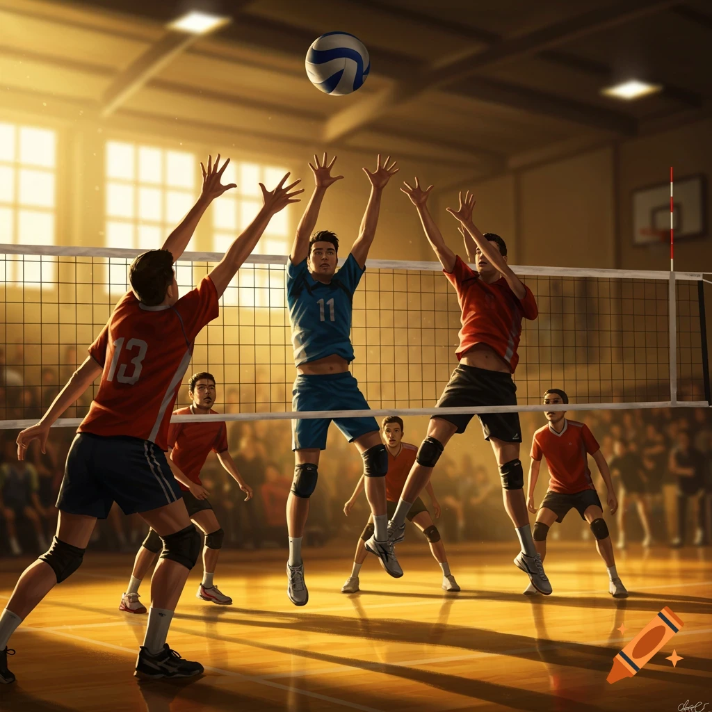 Volleyball players jump to spike a ball over the net on a brightly lit indoor court, digital painting.