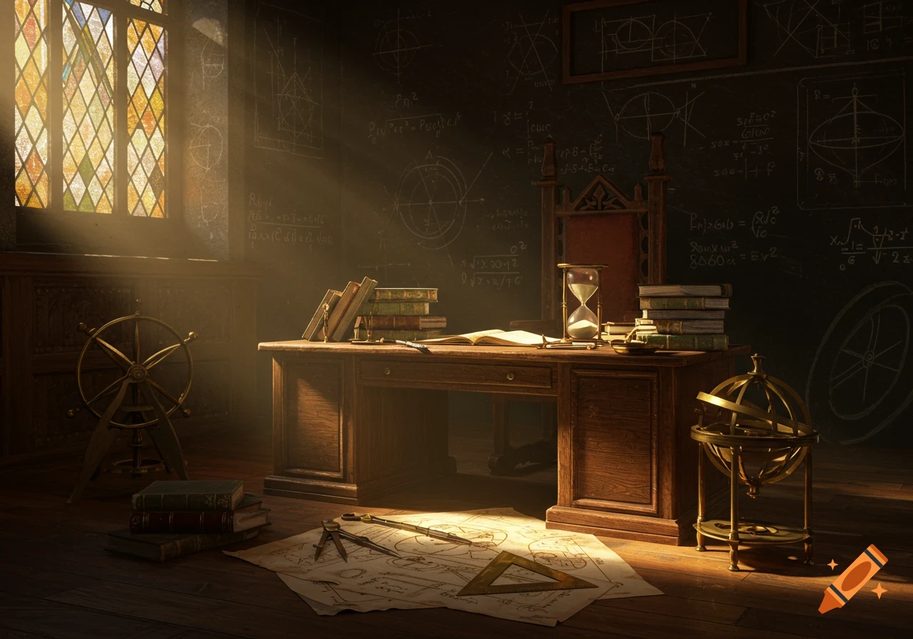 An old study room with a wooden desk, books, hourglass, and a chair. Light streams through a stained glass window, illuminating mathematical equations and diagrams on a blackboard.