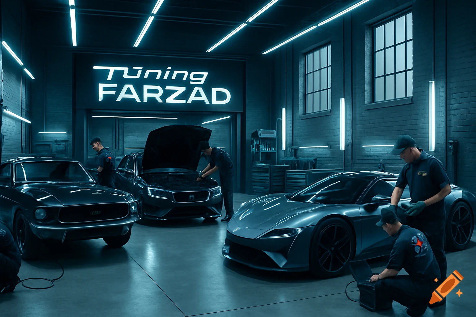 A modern car tuning workshop with several mechanics working on sleek cars under neon lights.